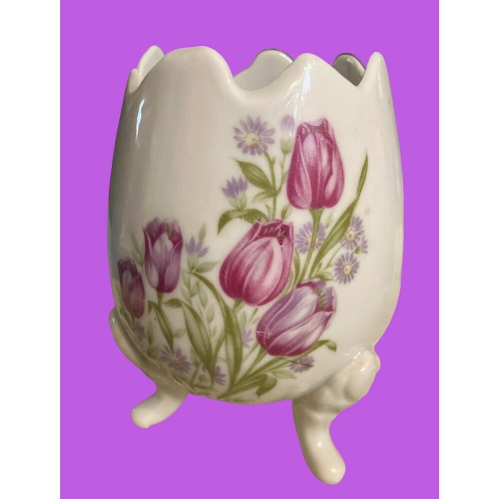 Ceramic Footed Cracked Egg Vase/Planter Hand Painted Tulips on White Glaze